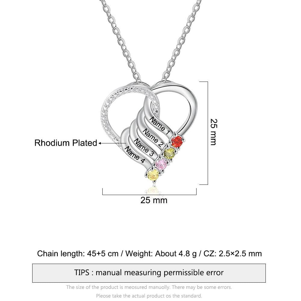 Personalized Family Heart Pendant Necklace with 4 Birthstones Customized Engraving Name Mother Necklace New Year Gifts Customized Necklaces