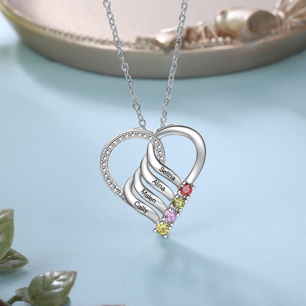 Personalized Family Heart Pendant Necklace with 4 Birthstones Customized Engraving Name Mother Necklace New Year Gifts Customized Necklaces