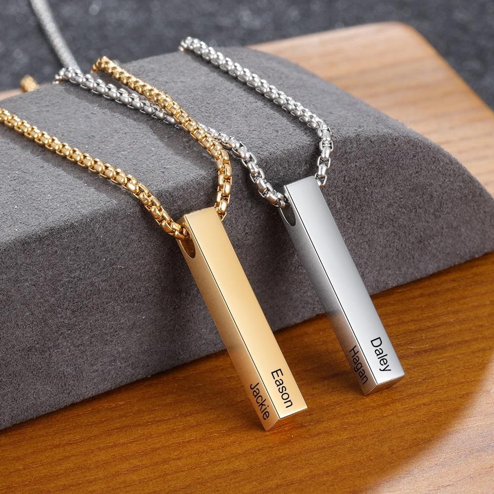Personalized 4 Sides Engraving Name Men Necklaces Customized 3 colors Stainless Steel Vertical Bar Pendant for Fathers Customized Necklaces