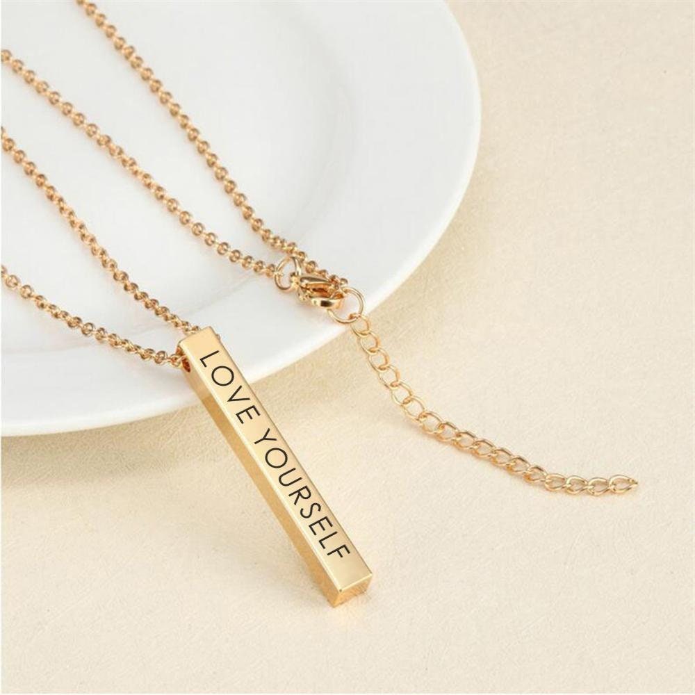 Custom Bar Necklace for Women Personalized Engraved Bar Necklace 4 Sides 3D Bar Cuboid Dainty Pendant Valentine’s Gift Name Necklace