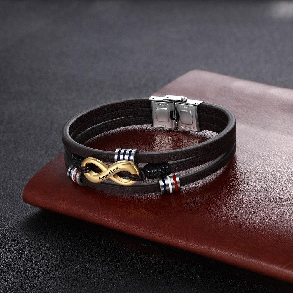 Customized 3 Layers Brown Leather Bracelets for Men Personalized Engraving Name Infinity Wristband Bracelets Customized Bracelets