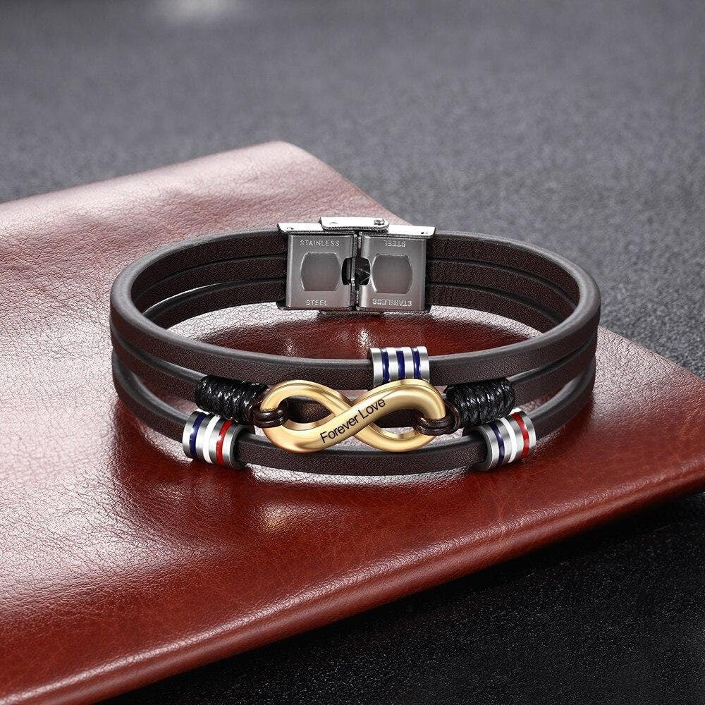 Customized 3 Layers Brown Leather Bracelets for Men Personalized Engraving Name Infinity Wristband Bracelets Customized Bracelets