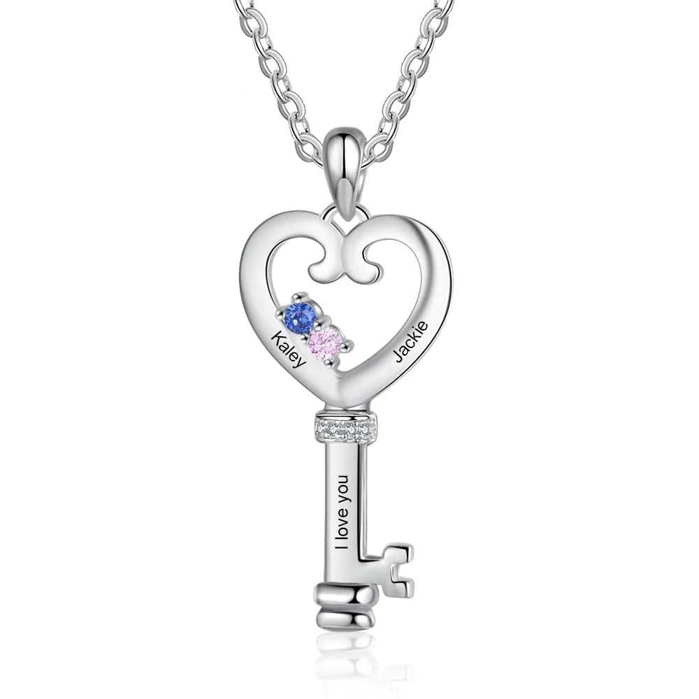 Personalized Key Necklaces Charm Pendant with Heart Engraved Names Memory Jewelry Customized birthstones Gift for Women Customized Necklaces