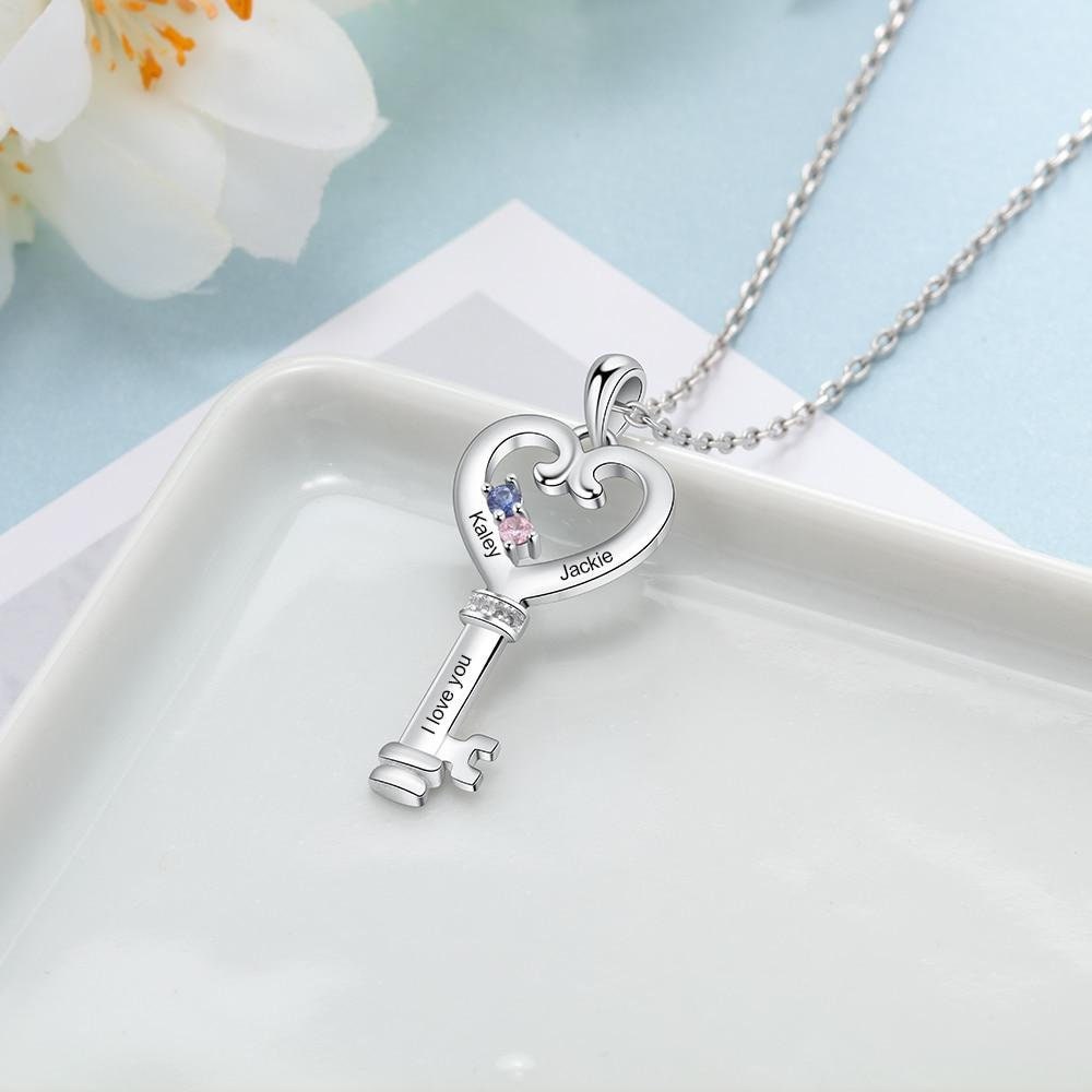 Personalized Key Necklaces Charm Pendant with Heart Engraved Names Memory Jewelry Customized birthstones Gift for Women Customized Necklaces