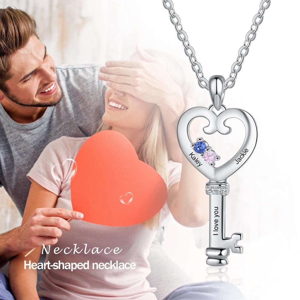 Personalized Key Necklaces Charm Pendant with Heart Engraved Names Memory Jewelry Customized birthstones Gift for Women Customized Necklaces