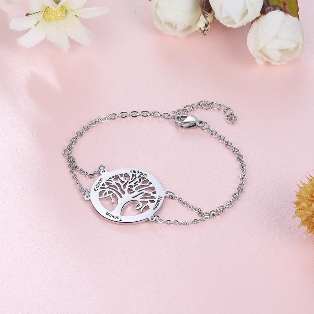 Personalized Tree of Life Bracelets with Engraving Name Stainless Steel Custom Family Tree Bracelets for Women Customized Bracelets