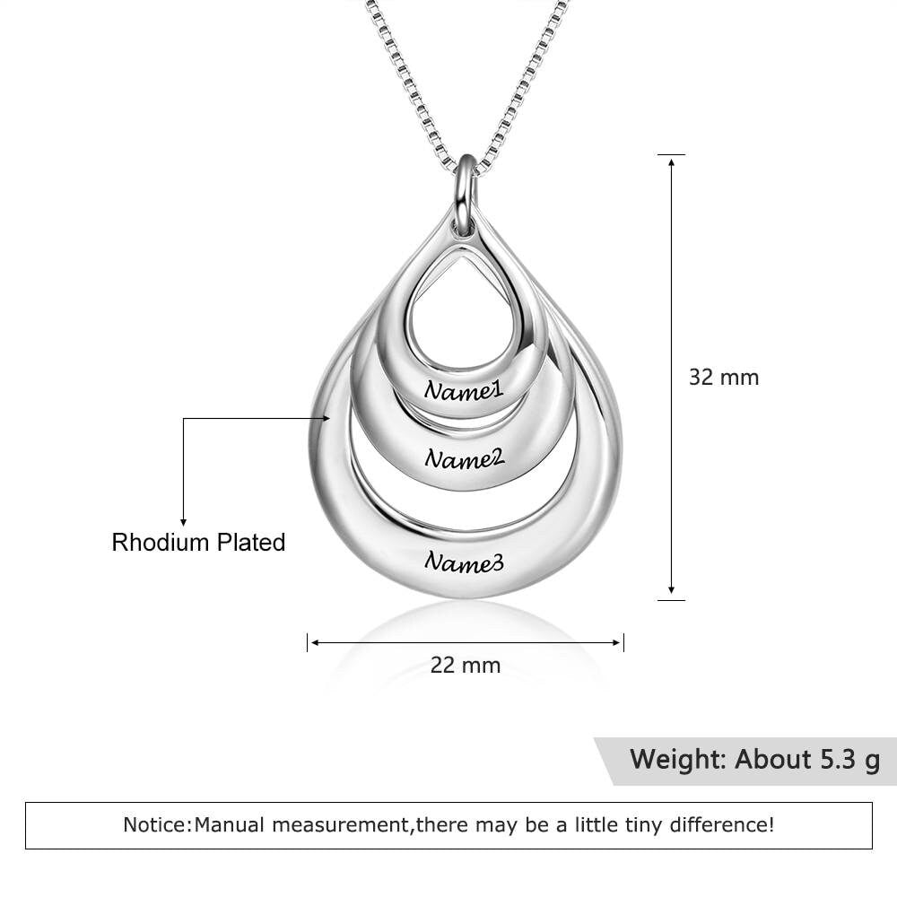 Personalized Engraving 3 Names Layered Water Drop Pendant Necklace Custom Engraved Necklaces Gift for Family Necklace silver 925 Sterling