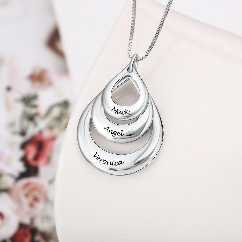 Personalized Engraving 3 Names Layered Water Drop Pendant Necklace Custom Engraved Necklaces Gift for Family Necklace silver 925 Sterling