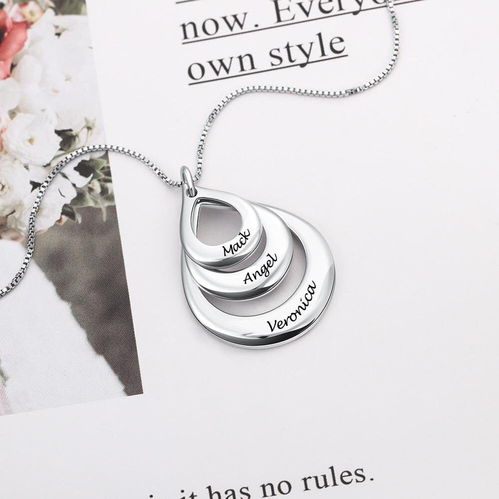 Personalized Engraving 3 Names Layered Water Drop Pendant Necklace Custom Engraved Necklaces Gift for Family Necklace silver 925 Sterling