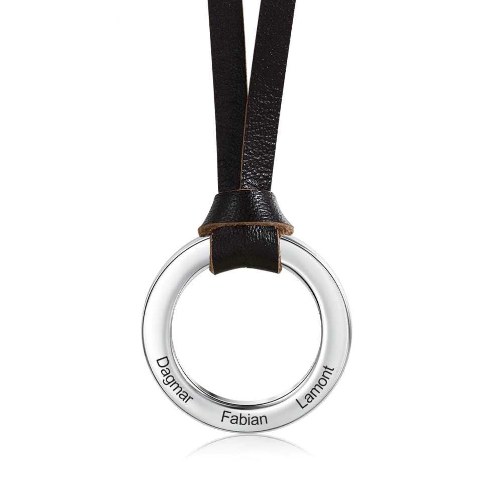 Unisex Personalized Leather Chain Necklace Custom 3 Names Circle Pendant Necklace Gifts for Family Customized Gift for him Men Husband Dad