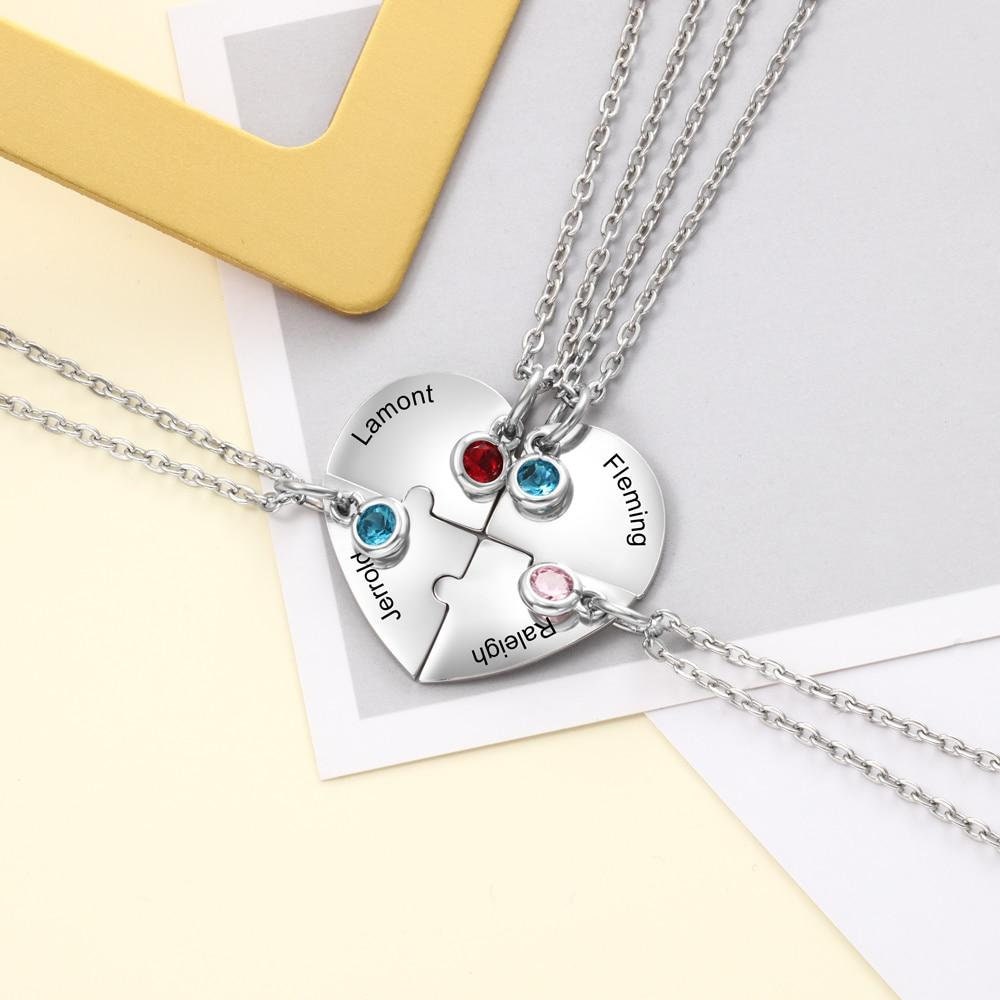 Personalized Stainless Steel Heart Shaped Friendship Necklace with Birthstone Customized Engrave Name BFF Necklace for 4 Friends Customized