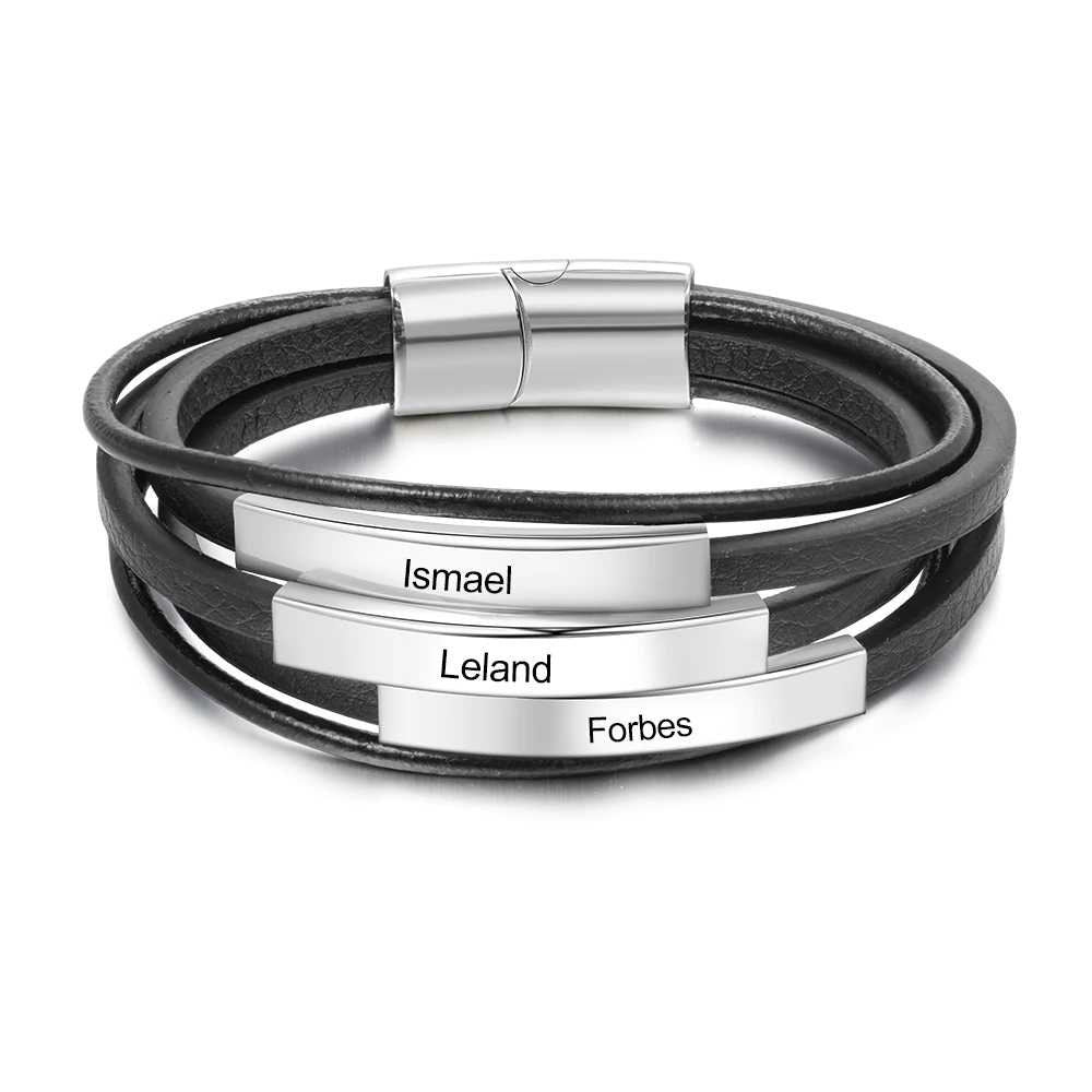 Personalized Free Engraving Name Bar Bracelets for Men Stainless Steel Multilayer Leather Bracelet Men Jewelry Gifts Customized Bracelets