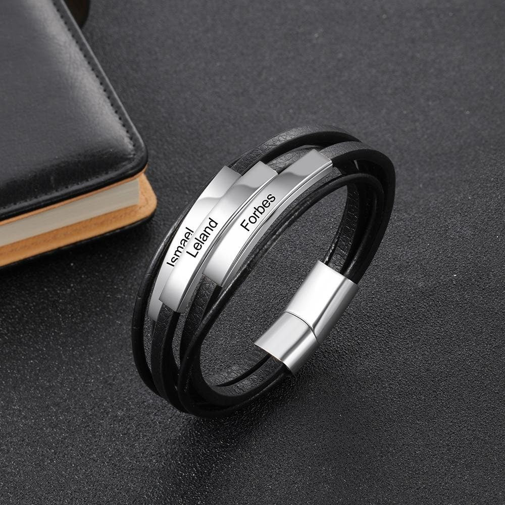 Personalized Free Engraving Name Bar Bracelets for Men Stainless Steel Multilayer Leather Bracelet Men Jewelry Gifts Customized Bracelets