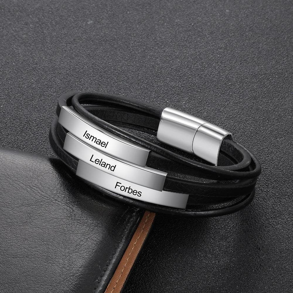 Personalized Free Engraving Name Bar Bracelets for Men Stainless Steel Multilayer Leather Bracelet Men Jewelry Gifts Customized Bracelets