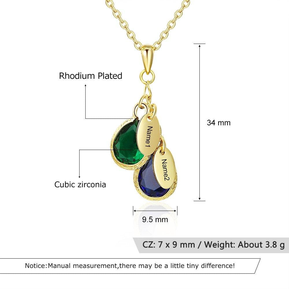Personalized Name Necklace with 2 Birthstones Water Drop Customized Necklace Anniversary Jewelry Customized Necklaces