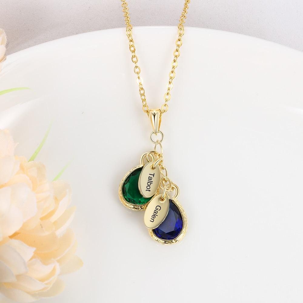 Personalized Name Necklace with 2 Birthstones Water Drop Customized Necklace Anniversary Jewelry Customized Necklaces