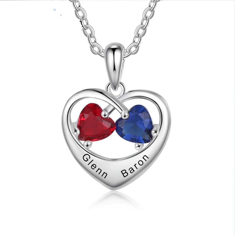 Romantic Customized Heart Necklace with 2 Birthstones Personalized Engraving Name Silver Color Jewelry Gifts Customized Necklaces