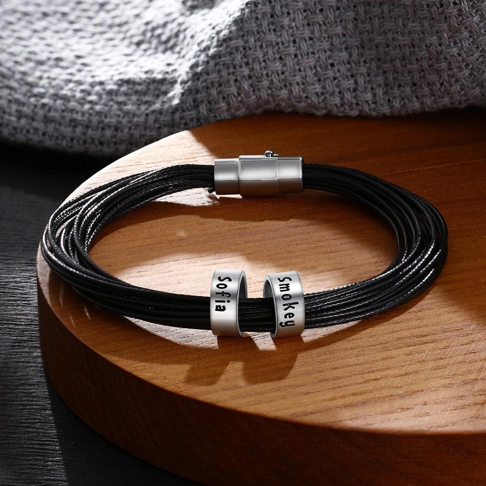 Personalized Men Leather Bracelet with Name Beads Customized Charm Bracelets & Bangles Gift for Family Male Jewelry Customized Bracelets