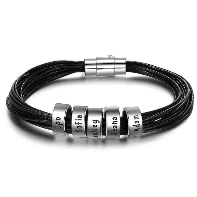 Personalized Men Leather Bracelet with Name Beads Customized Charm Bracelets & Bangles Gift for Family Male Jewelry Customized Bracelets