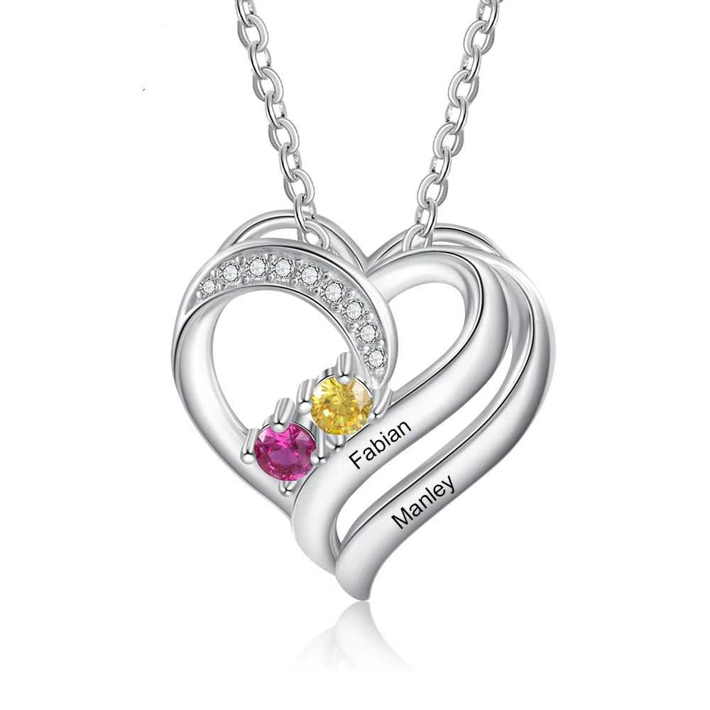 Personalized Engraving Name Heart Pendant Sterling Silver Customized Mothers Necklace with 2 Birthstones Fine Gifts Necklaces