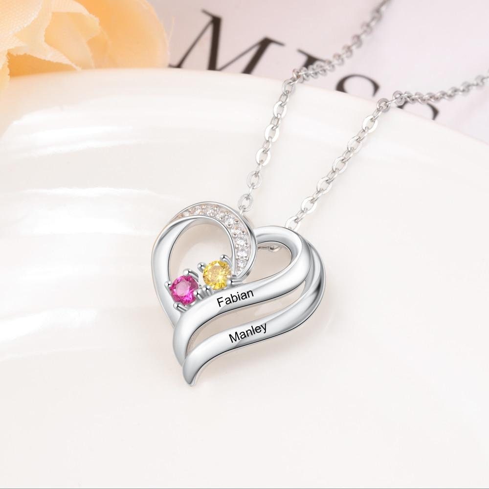 Personalized Engraving Name Heart Pendant Sterling Silver Customized Mothers Necklace with 2 Birthstones Fine Gifts Necklaces