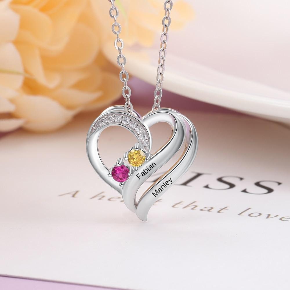 Personalized Engraving Name Heart Pendant Sterling Silver Customized Mothers Necklace with 2 Birthstones Fine Gifts Necklaces