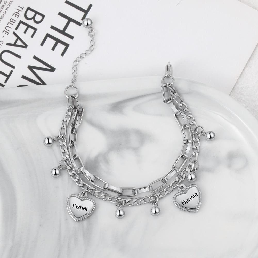 Personalized Beads & Heart Charm Bracelet Customize Name Double Chain Bracelets for Women Stainless Steel Jewelry Gift Customized Bracelets