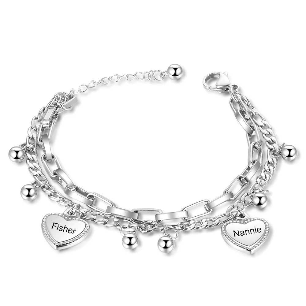 Personalized Beads & Heart Charm Bracelet Customize Name Double Chain Bracelets for Women Stainless Steel Jewelry Gift Customized Bracelets