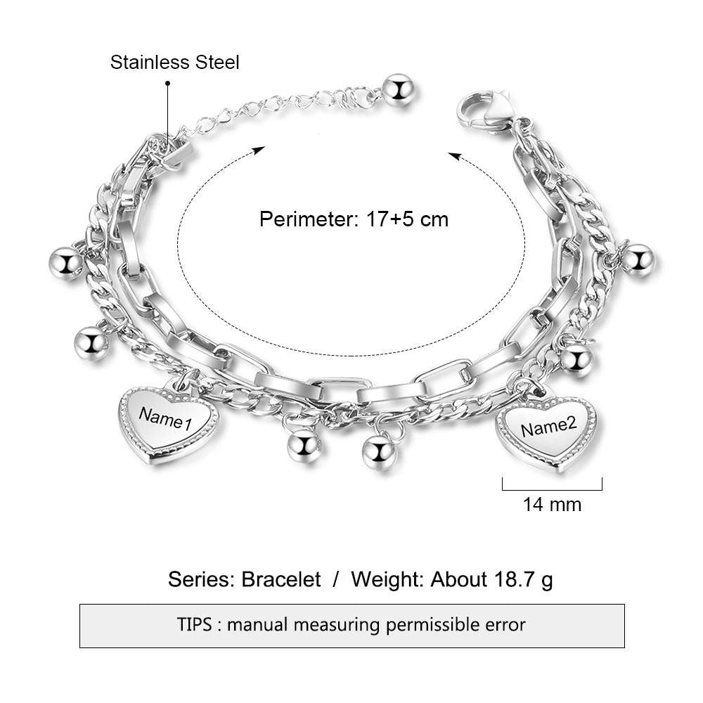 Personalized Beads & Heart Charm Bracelet Customize Name Double Chain Bracelets for Women Stainless Steel Jewelry Gift Customized Bracelets