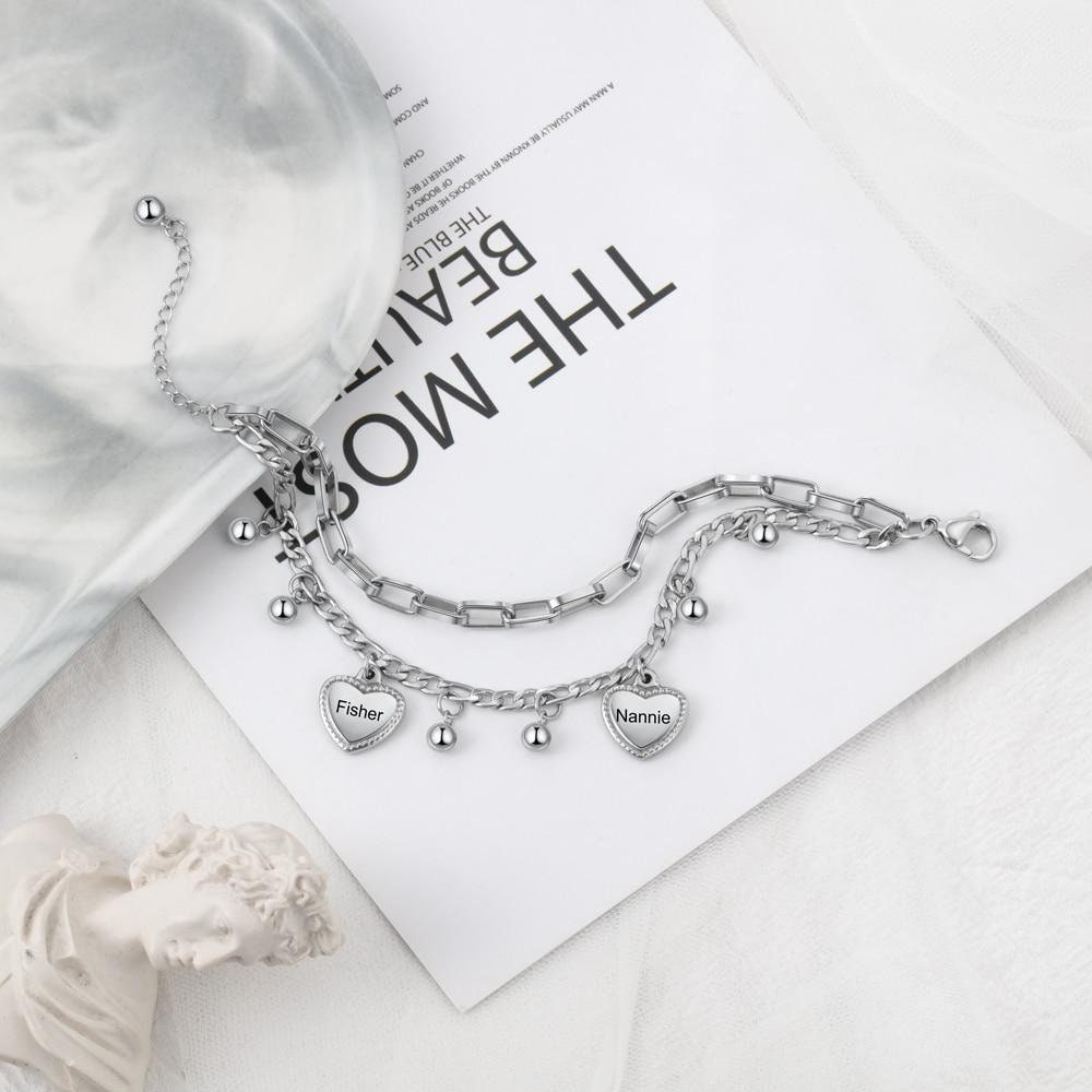 Personalized Beads & Heart Charm Bracelet Customize Name Double Chain Bracelets for Women Stainless Steel Jewelry Gift Customized Bracelets