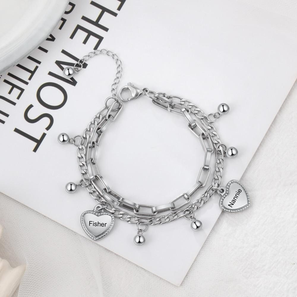 Personalized Beads & Heart Charm Bracelet Customize Name Double Chain Bracelets for Women Stainless Steel Jewelry Gift Customized Bracelets