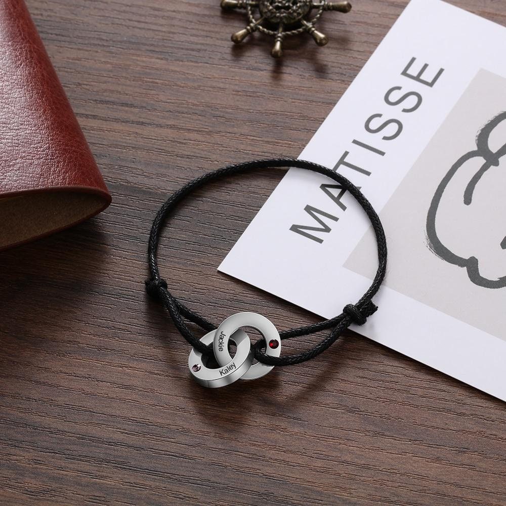 Personalized Engrave 2 Names Bracelets for Men Custom Birthstone Stainless Steel Interlocked Circle Bracelet Men's Gift Customized Bracelets