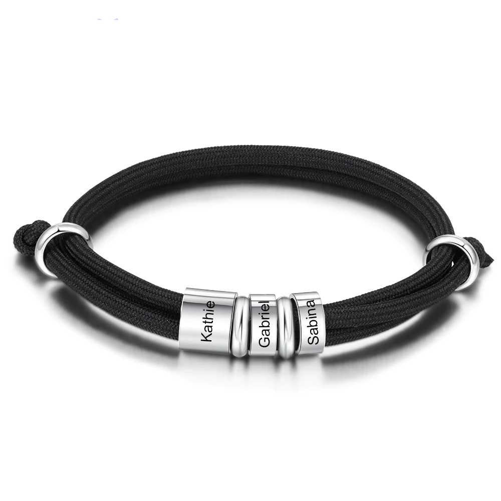 Personalized Stainless Steel Charm Bracelets with 3 Custom Name Beads Adjustable Rope Men Bracelets Gift for Father/Grandfather Customized