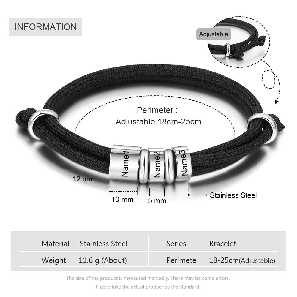 Personalized Stainless Steel Charm Bracelets with 3 Custom Name Beads Adjustable Rope Men Bracelets Gift for Father/Grandfather Customized