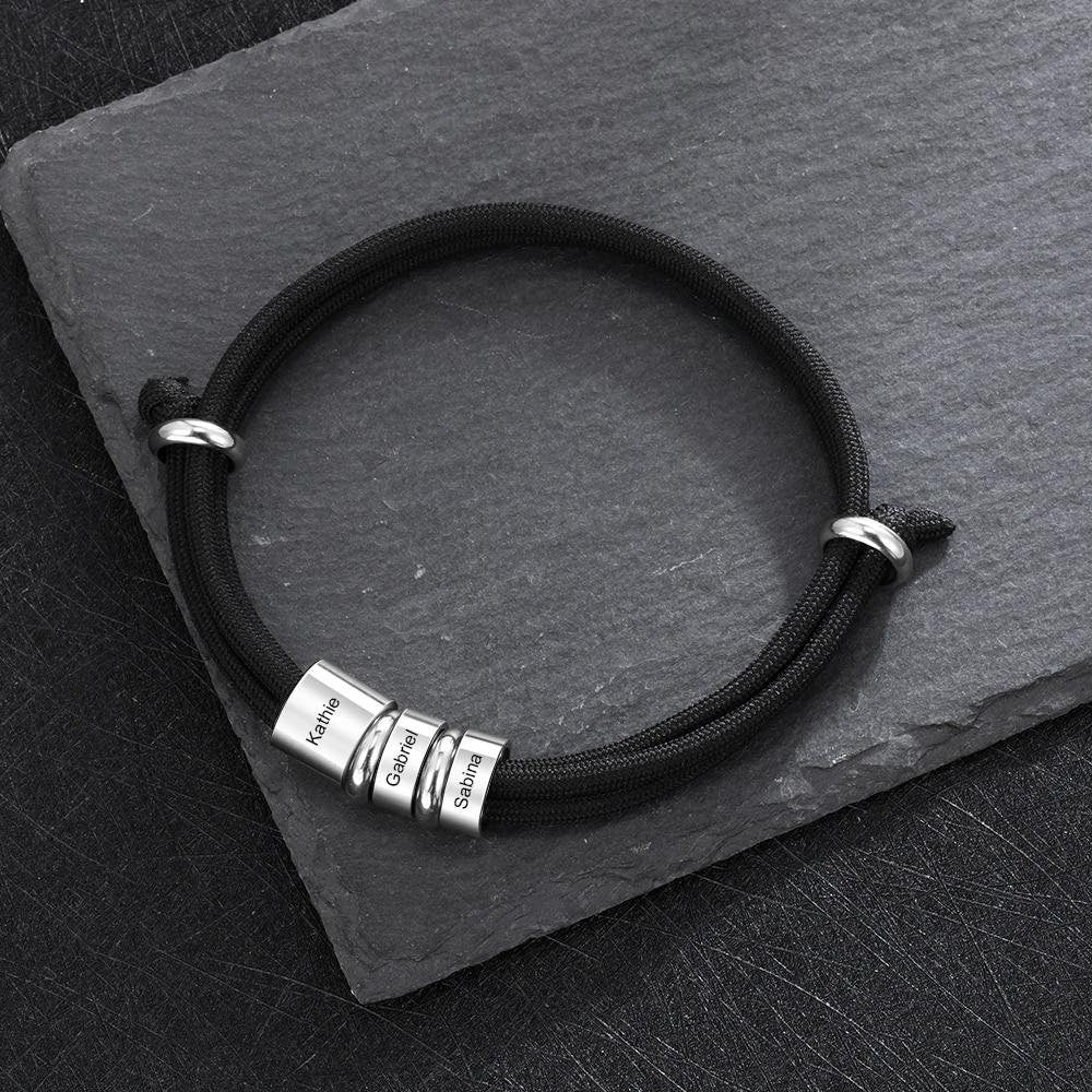 Personalized Stainless Steel Charm Bracelets with 3 Custom Name Beads Adjustable Rope Men Bracelets Gift for Father/Grandfather Customized