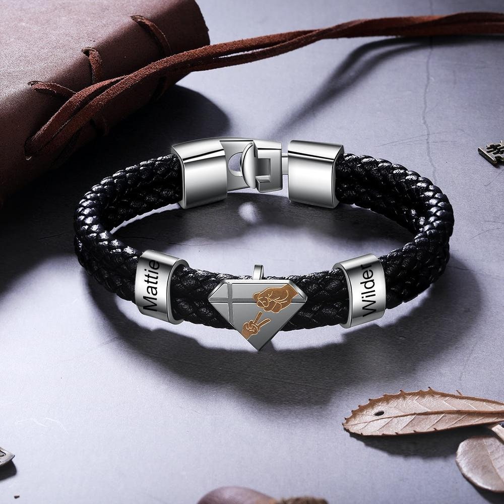 Personalized Engraved Dad Kids Name Bracelet Black Braided Leather for Men Fathers Day Gifts Customized Bracelets