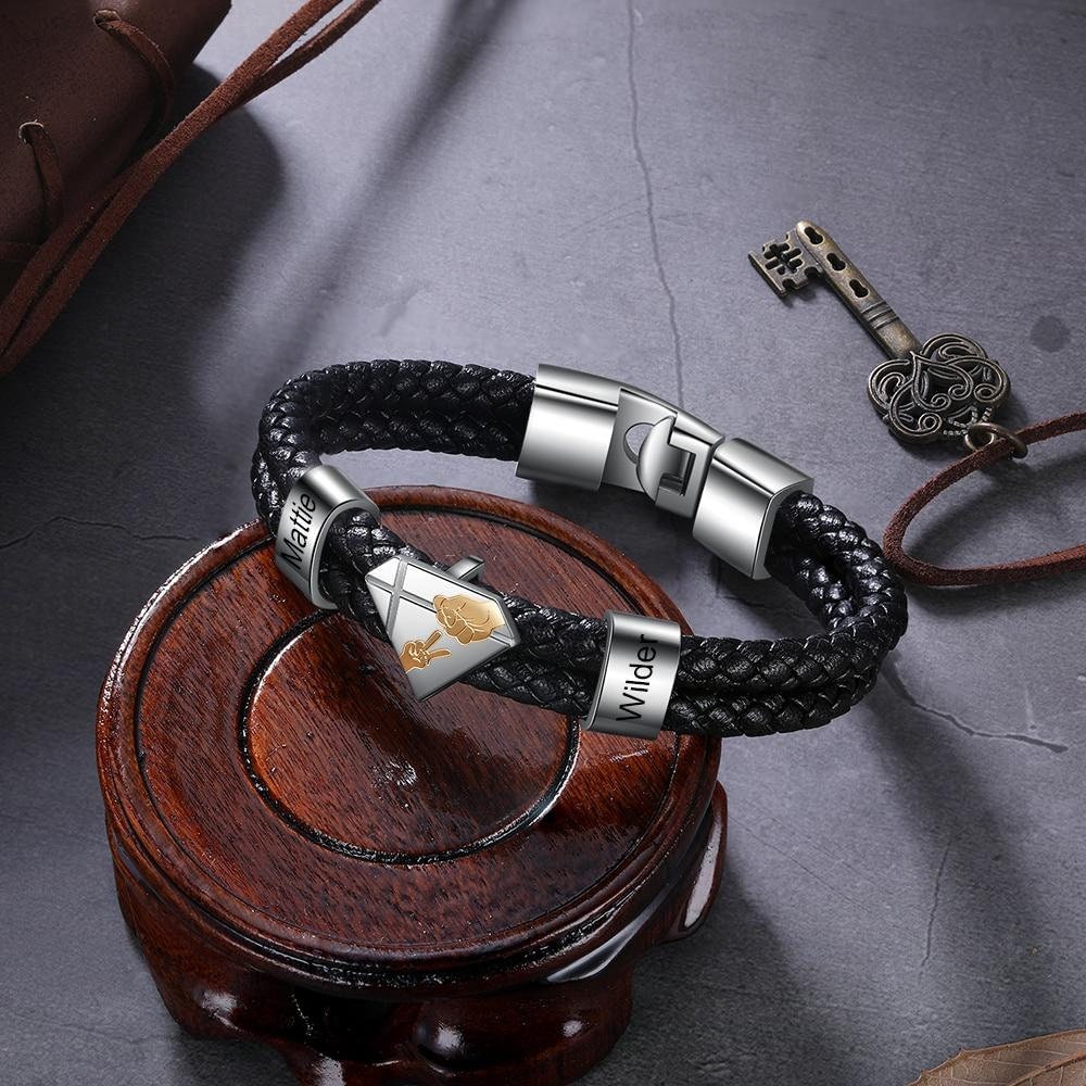Personalized Engraved Dad Kids Name Bracelet Black Braided Leather for Men Fathers Day Gifts Customized Bracelets