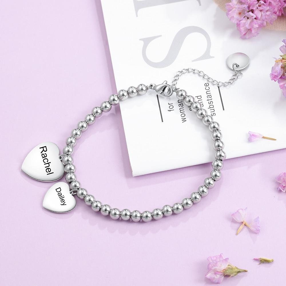 Personalized Name Engraved Heart Charms Bracelets Stainless Steel Beads Chain Bracelets for Women Mother Daughter Gifts Customized Bracelets