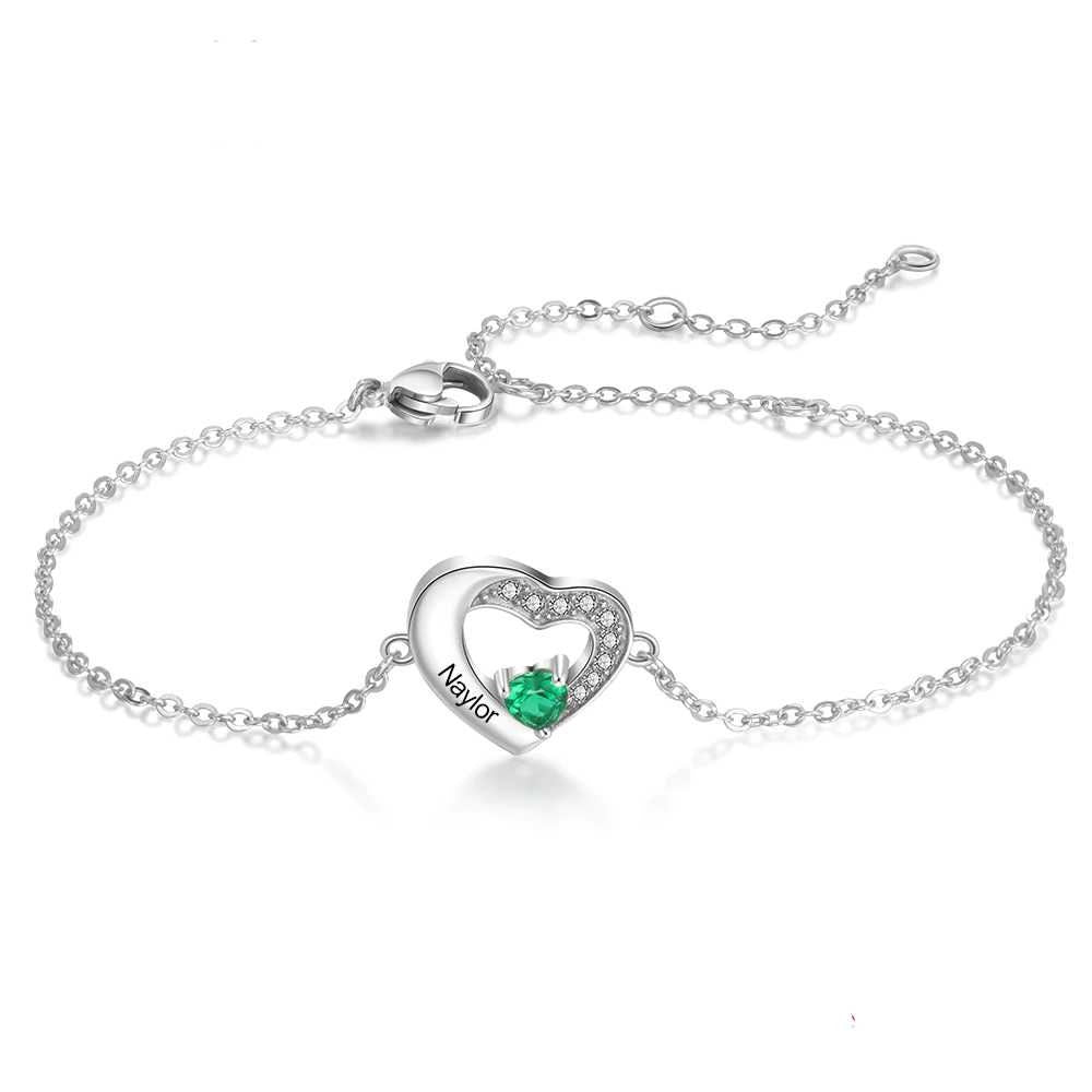 Personalized Sterling Silver Engraved Name Bracelets for Women Lover's Customized Heart Birthstone Chain Bracelet Bracelets & Bangles