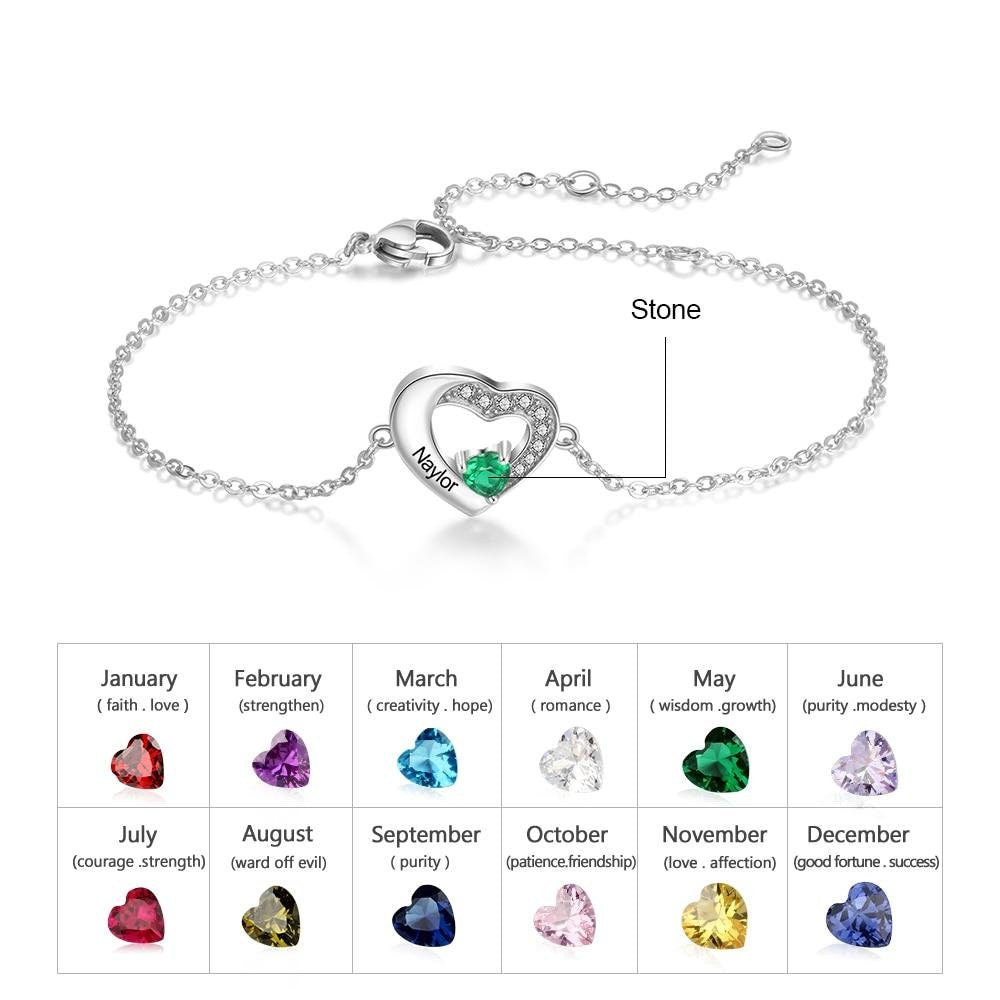 Personalized Sterling Silver Engraved Name Bracelets for Women Lover's Customized Heart Birthstone Chain Bracelet Bracelets & Bangles