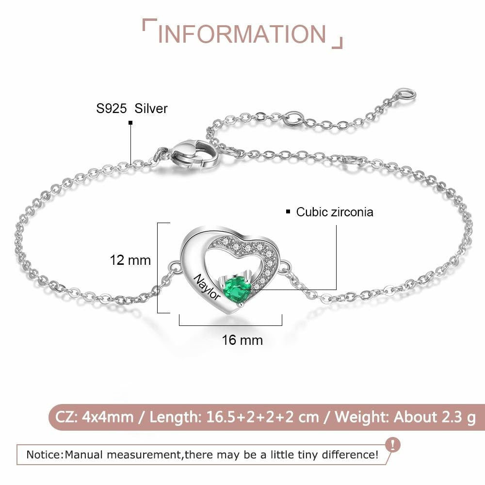 Personalized Sterling Silver Engraved Name Bracelets for Women Lover's Customized Heart Birthstone Chain Bracelet Bracelets & Bangles