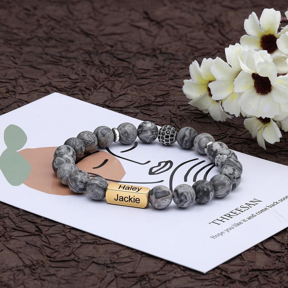 Customize 4 Sides Engraved Bracelets for Men Gold color Personalized Men's Beaded Chain Bracelet Gifts for Father Customized Bracelets