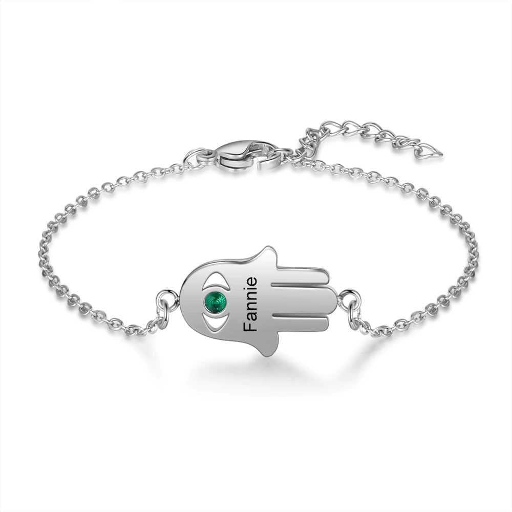 Personalized Good Luck Hand Bracelet with Birthstone Custom Engraving Name Stainless Steel Bracelets for Women Customized Bracelets