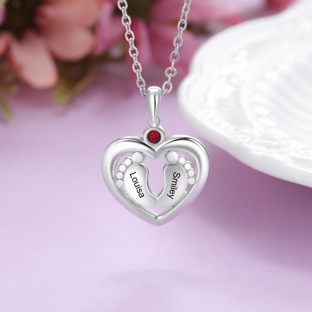Personalized Baby Feet Heart Necklace Customized Birthstone Engraved Name Charm Jewelry Memory Gift for Women Customized Necklaces