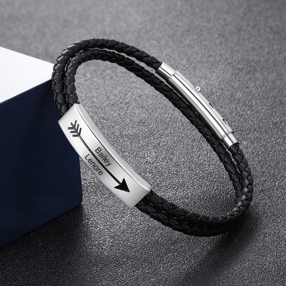 Personalized Stainless Steel Name Bar Bracelets for Men Custom 2 Names Arrow Engraved Black Leather Bracelet Men Jewelry Customized
