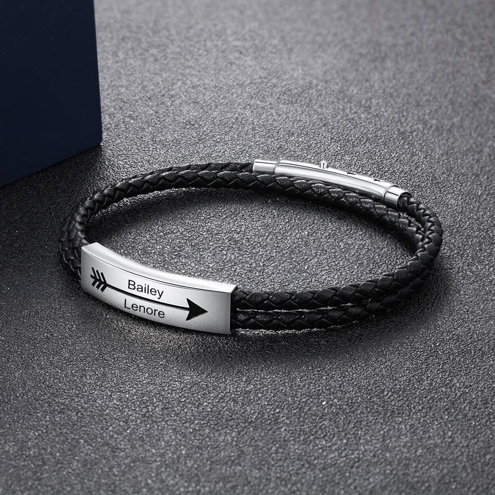 Personalized Stainless Steel Name Bar Bracelets for Men Custom 2 Names Arrow Engraved Black Leather Bracelet Men Jewelry Customized