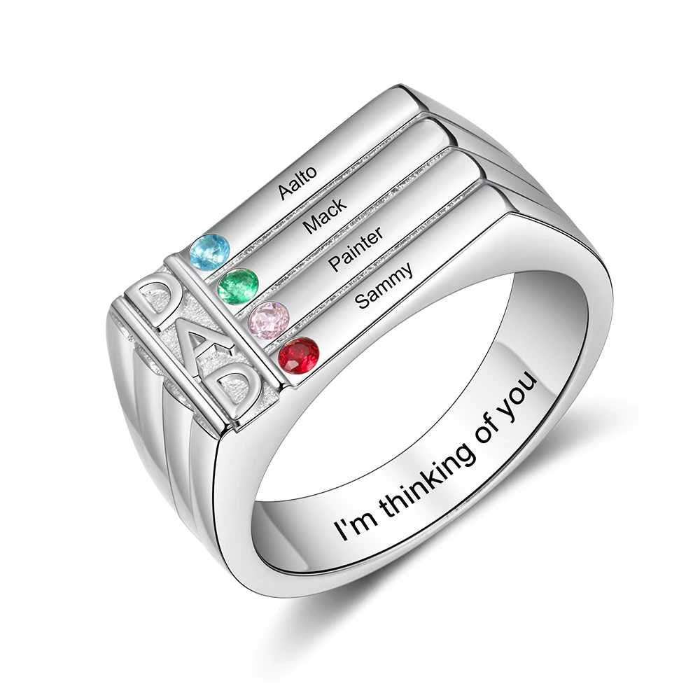 Dad Birthstone Ring Personalized Silver Engraved Kids Family Names Ring for Men Customized 4 Birthstone Ring Birthday Gifts for Father Rings