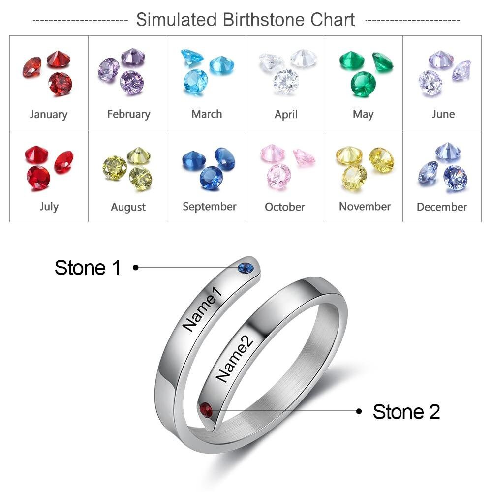 Personalized Engraving Couple Name Finger Ring Stainless Steel Custom 2 Birthstones Rings for Women Gift for Girlfriend Customized Rings