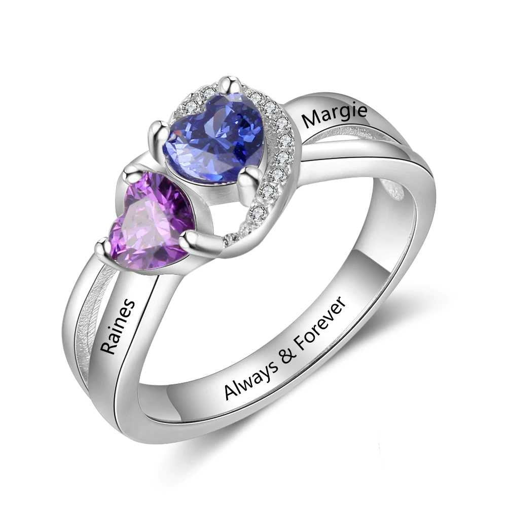 Personalized Engagement Ring with Heart Birthstone Sterling Silver Custom Engraved Name Anniversary Rings for Women