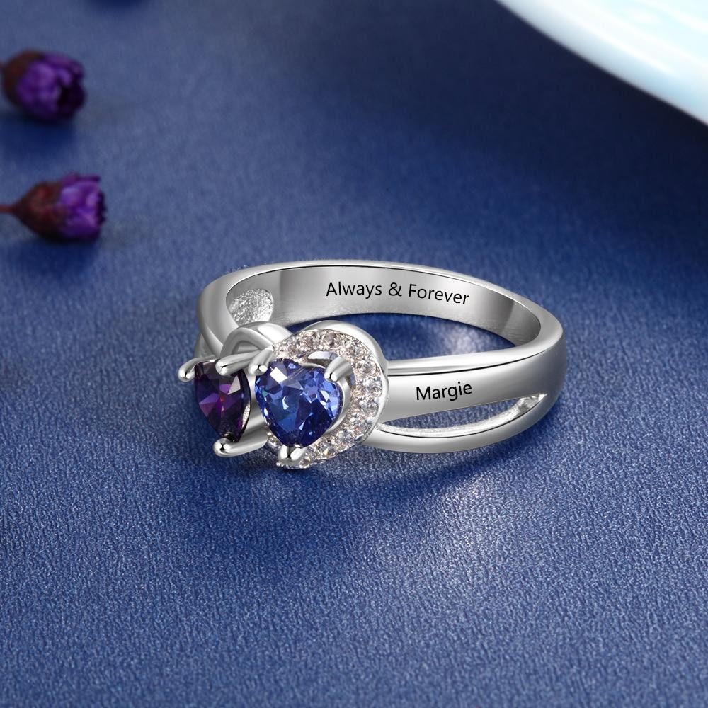 Personalized Engagement Ring with Heart Birthstone Sterling Silver Custom Engraved Name Anniversary Rings for Women